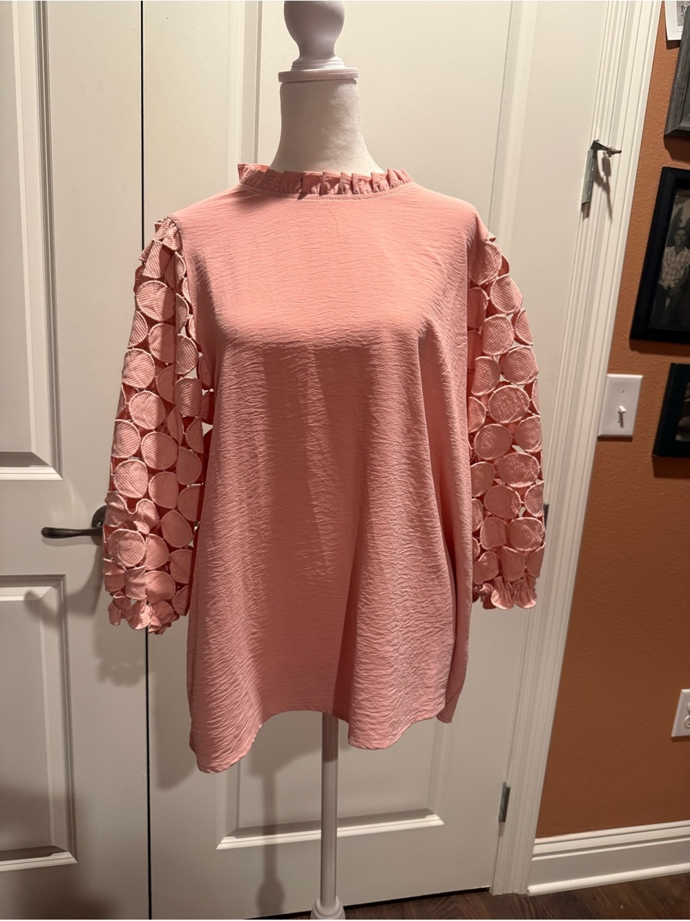 JODIFL Pink Ruffle Neck Tunic with Circle Lace Sleeves